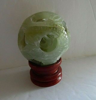 Hand Carved 3 - Layers Dragon Balls Sphere W/stand Jade Stone