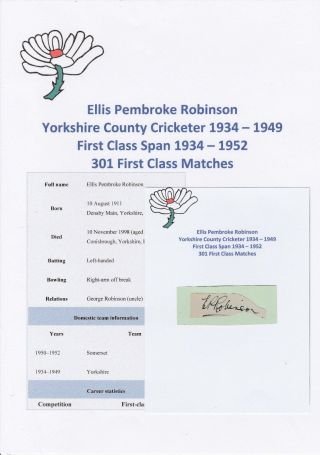 Ellis Robinson Yorkshire Cricketer 1934 - 1949 Rare Autograph Cutting