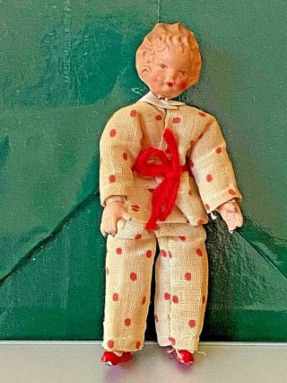 Vintage Caco Bendable Dollhouse Girl Doll Polka Dot Pjs Painted Metal Hands Feet