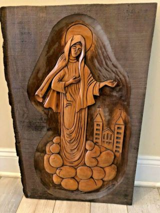 Glorious Rare Large Vintage Hand Carved Wood Virgin Mary Plaque