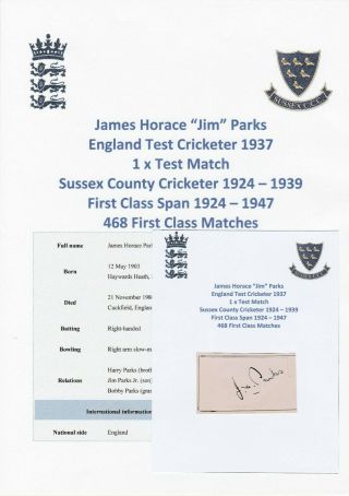 Jim Parks England Test Cricketer 1937 Rare Autograph