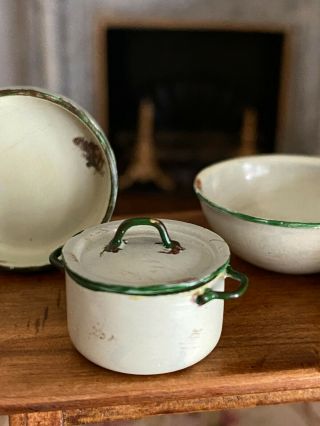 Vintage Miniature Dollhouse Artisan Distressed Metal Green Painted Pots Pan Bowl 3