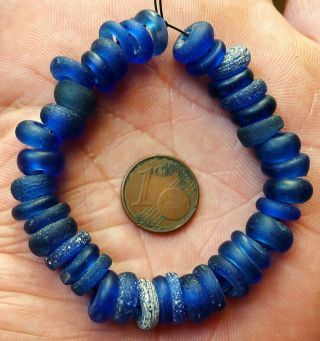 Perles Verre Ancien Troc Antique Blue Cobalt Dutch Donut African Trade Beads 1