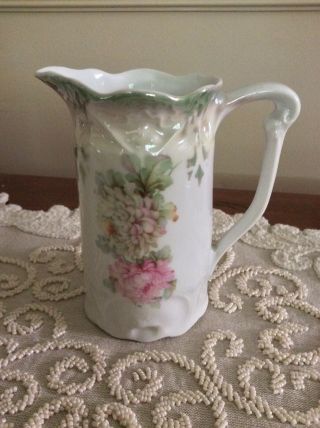 Antique 5” Pitcher Lustre Green & Pink Flowers,  Mv Co.  Germany