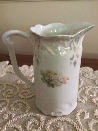 Antique 5” Pitcher Lustre Green & Pink Flowers,  MV Co.  Germany 2