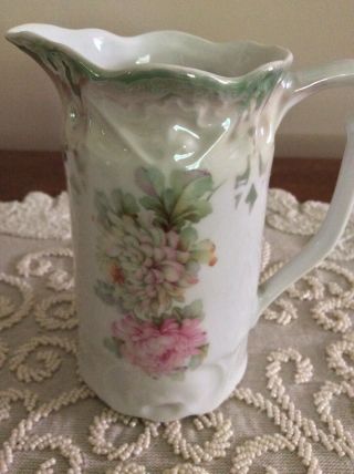Antique 5” Pitcher Lustre Green & Pink Flowers,  MV Co.  Germany 3