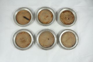 Set Of 6 Vintage Sterling Silver And Wood Wine Bottle Coasters