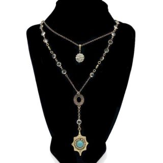 Lucky Brand Antiqued Brass Turquoise Glass Double Layered Lariat Necklace