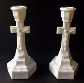 2 Antique White Milk Glass Jesus Crucifix Cross Candle Stick Taper Holders