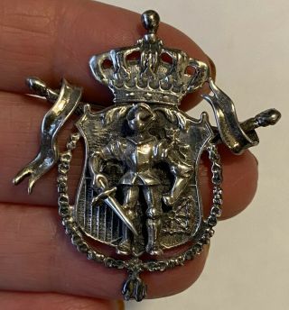 Rare Vintage Beau Sterling Heraldic Knight Armor Crown Shield Crest Medieval Pin