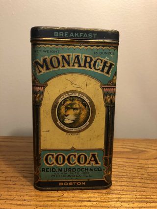 Vintage Monarch Cocoa Tin 6” Established 1853 Chicago Illinois Rare