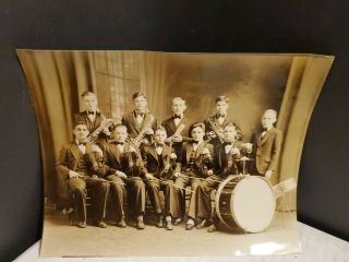 Antique B&w Sepia Photo Boys Band Violin Saxophone Trumpet Drums Brass Wind