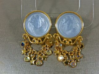 Rare Nwot Kirks Folly Dream Angel Glass Cameo Gp Crystal Clip Statement Earrings