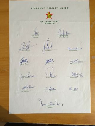 1983 Rare Signed By All 15 Zimbabwe Official Team Sheet To Sri Lanka Inc G Hick