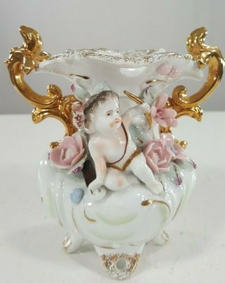 Vintage French Two Handle Porcelain Vase With Gold Cherubs Collectible Antique