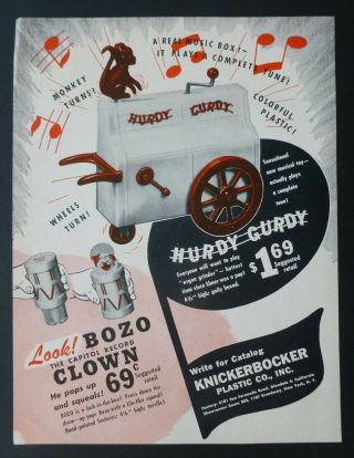 Rare Vtg 1950 Color Ad Knickerbocker Hurdy Gurdy Organ Grinder & Bozo The Clown