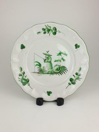 Fine Antique French Faience Plate,  Moustiers,  Chinoiserie,  Fisherman Green