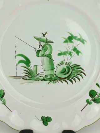 Fine Antique French Faience Plate,  Moustiers,  Chinoiserie,  Fisherman Green 2