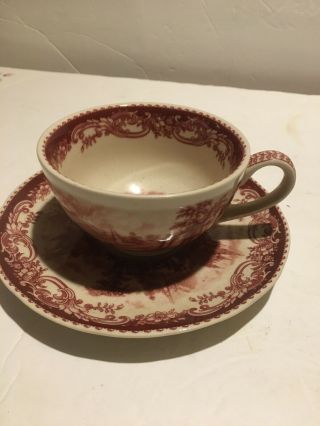 Antique Red Transferware Castle Tea Cup Saucer