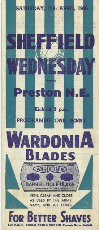 Rare Football Programme Sheffield Wednesday V Preston North End 1946