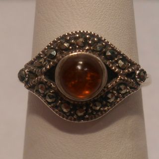 Vintage Antique Estate Rare Baltic Amber,  Marcasites Sterling Silver Ring Sz 6.  5