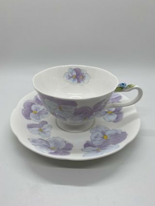 Vintage Purple Pansies Tea Cup And Saucer By Maruri Bone China Scalloped Edges