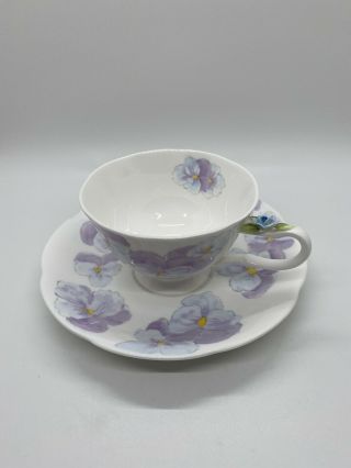 Vintage Purple Pansies Tea Cup And Saucer By MARURI Bone China Scalloped Edges 2