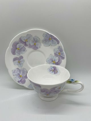 Vintage Purple Pansies Tea Cup And Saucer By MARURI Bone China Scalloped Edges 3