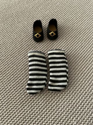 Madame Alexander Black Slip On Doll Shoes W/ Gold Accents & 2¼ " Striped Socks