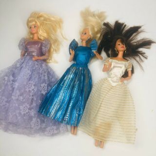 Three Vintage 1980 - 90s Barbies In Dance Ball Gowns Princess Outfits