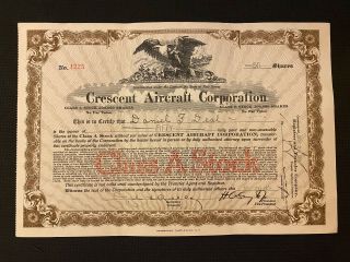 1929 Crescent Aircraft Corporation Stock Certificate Rare Clarence Chamberlain