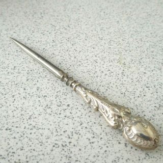 Antique Hm Repousse Silver Handle Birmingham 1902 Sewing Awl 4.  25 Inches Long