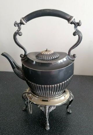 Antique Silver Plated Spirit Tea Kettle On Stand With Burner And Two Keys - Rr