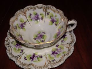 Cup & Saucer - White With Purple Flowers
