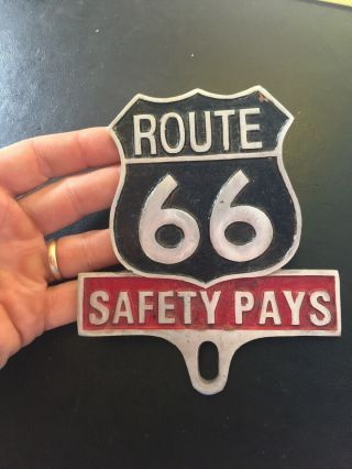 Route 66 Auto Safety Club Metal License Plate Topper Antique Style Patina Rte Vg