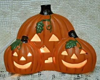 Vintage Ceramic Three Pumpkin Halloween Decor Lighted Rare Light Jol