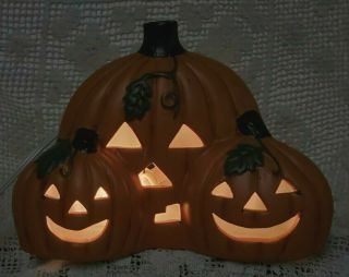Vintage Ceramic Three Pumpkin Halloween Decor Lighted RARE Light JOL 2