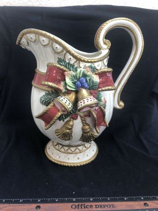 Fitz And Floyd Classics Christmas Deer Pitcher Hand Crafted 10 1/2 Tall Rare