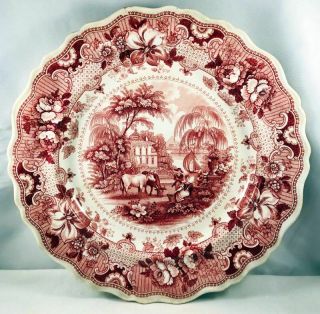 Rare Antique R.  Hall 10 " Dinner Plate Parisian Chateau Red Staffordshire N/r