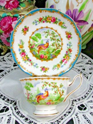 ROYAL ALBERT CHELSEA BIRD PATTERN TURQUOISE BLUE TEA CUP AND SAUCER 2