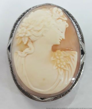Antique Edwardian Hand Carved Cameo Shell Sterling Silver Pendant Brooch 11.  4g