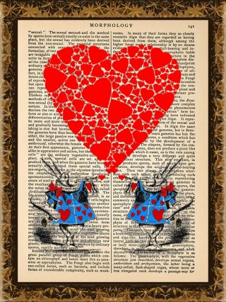 Art Print Vintage Antique Book Page - White Rabbit Heart Alice In Wonderland