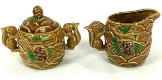Vintage Victoria Ceramics Squirrel Creamer And Sugar Bowl Pine Cone Set