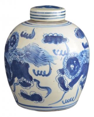 Antique Style Blue and White Porcelain Lion Dancing Ceramic Covered Jar Vase, . 2