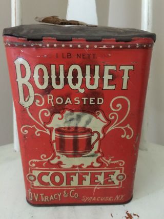 Rare Antique Tin Can Bouquet Roasted Coffee 1lb O.  V.  Tracy & Co Syracuse Ny