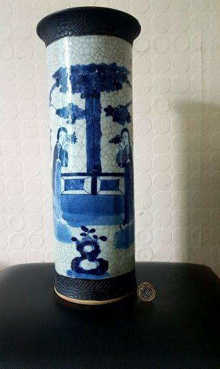 Large Antique Chinese Blue And White Transitional Porcelain Vase Qing