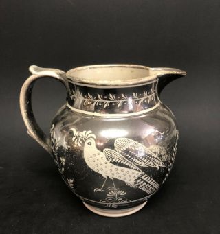 Antique Porcelain Ceramic Lusterware Pitcher Jug Grey Design Birds Trees Leaf