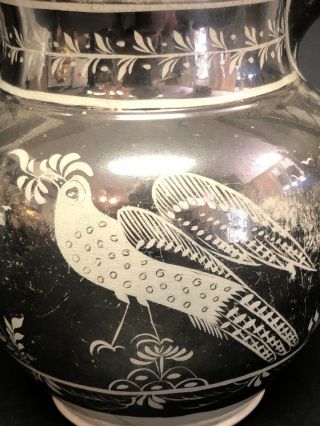 Antique Porcelain Ceramic Lusterware Pitcher Jug Grey Design Birds Trees Leaf 2