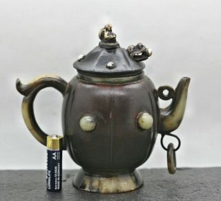 Price Drop Vintage Chinese Yixing Ceramic Teapot Mounted On Soapstone Signed 2