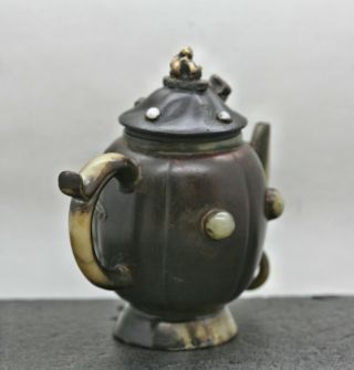 Price Drop Vintage Chinese Yixing Ceramic Teapot Mounted On Soapstone Signed 3